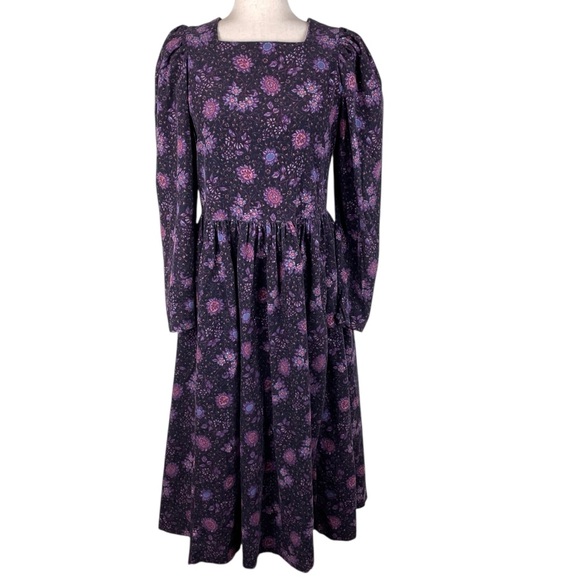 Vintage 80s Laura Ashley Corduroy Puff Sleeve Floral Midi Dress Size 10 Prairie
